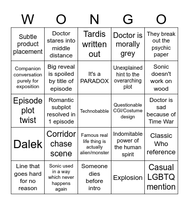 Dr Who Bingo Sheet Bingo Card