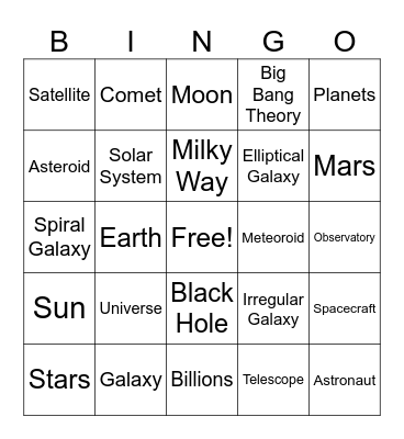 Universe Vocabulary Bingo Card