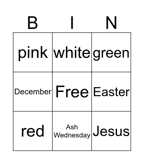 Liturgical Year Bingo Card