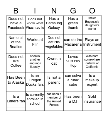 Get to Know BINGO :) Bingo Card