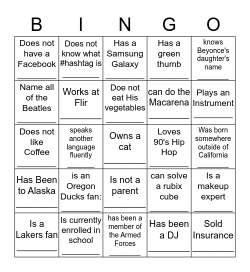 Get to Know BINGO :) Bingo Card