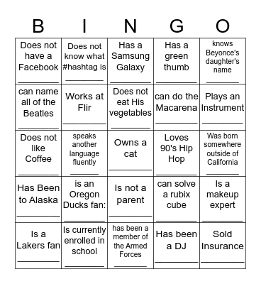 Get to Know BINGO :) Bingo Card