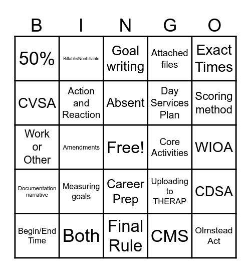 Day Services Training BINGO Card