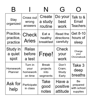 Study Skills Bingo Card