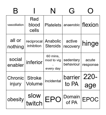 units 1/2 VCE PE 2023 Bingo Card