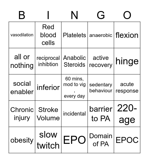 units 1/2 VCE PE 2023 Bingo Card
