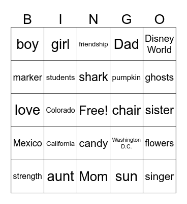 NOUN BINGO Card