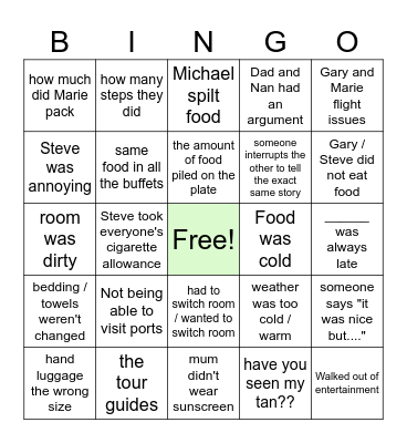 Cooper Family Travelling Bingo Card