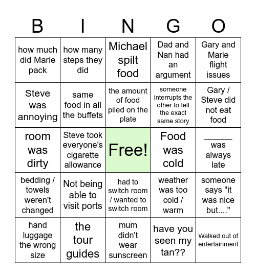 Cooper Family Travelling Bingo Card