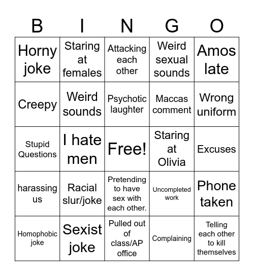 Filthy pigs Bingo Card
