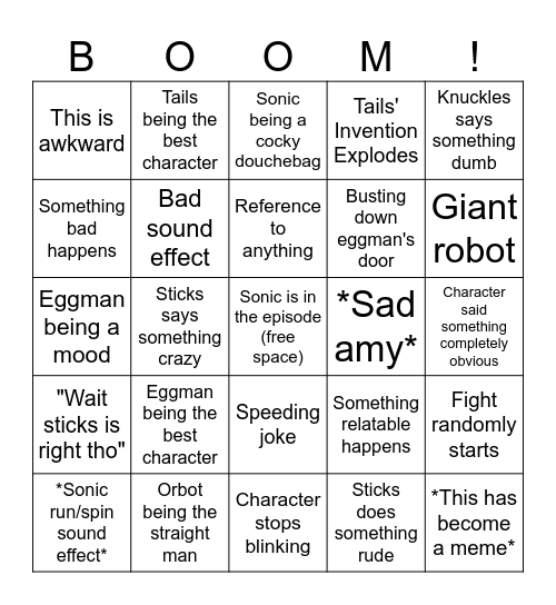 Sonic boom episode Bingo Card