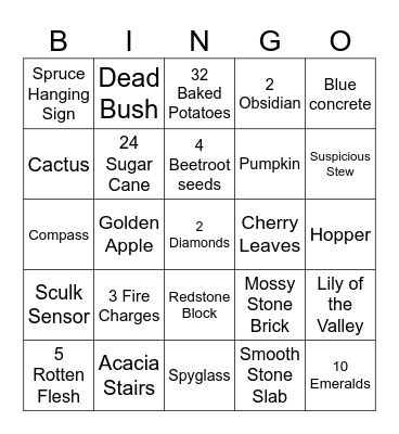 Minecraft Item Hunt Bingo Card