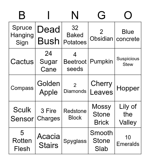 Minecraft Item Hunt Bingo Card