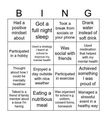 Mental Health Protective factors Bingo Card
