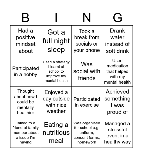 Mental Health Protective factors Bingo Card