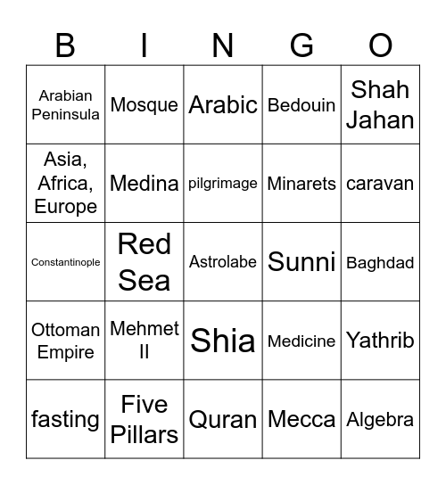 SW Asia Bingo Card