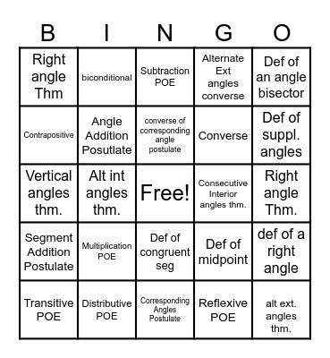 Postulate/Theroem Bingo Card