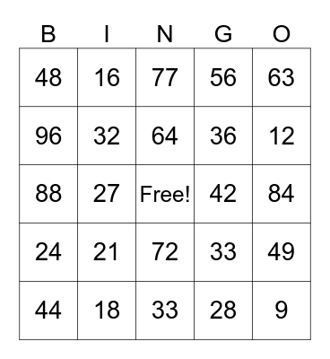 Multiplication Bingo Card