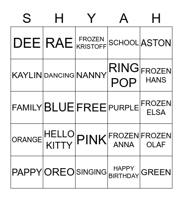 Shyah's Birthday Bingo Card