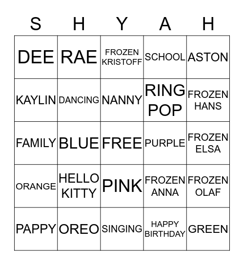 Shyah's Birthday Bingo Card
