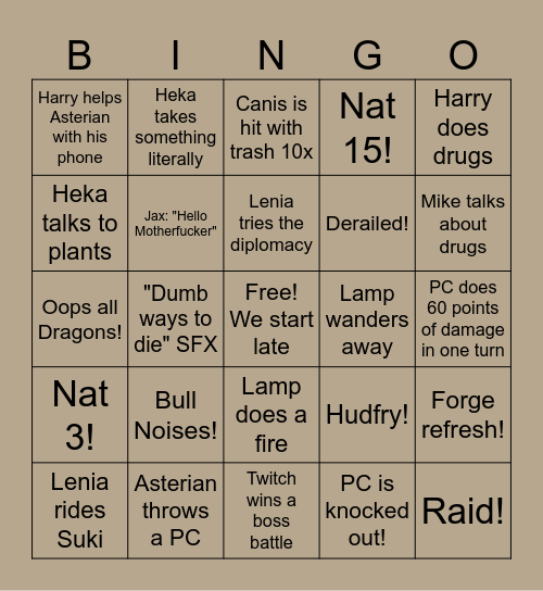 Isekai Bingo Card