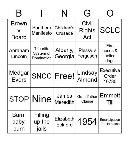 Black Civil Rights Bingo Card