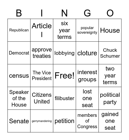 Congress Bingo Card