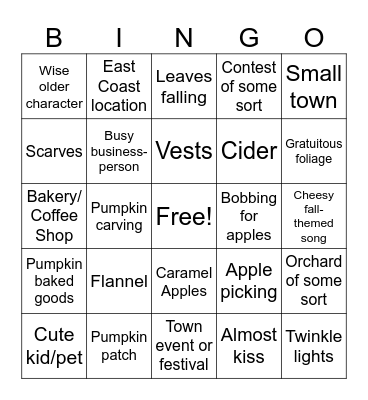 Hallmark Fall Movie Bingo Card