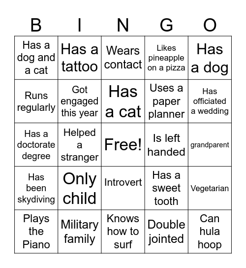 Getting to know you Bingo Card