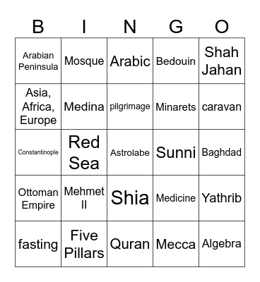 SW Asia Bingo Card