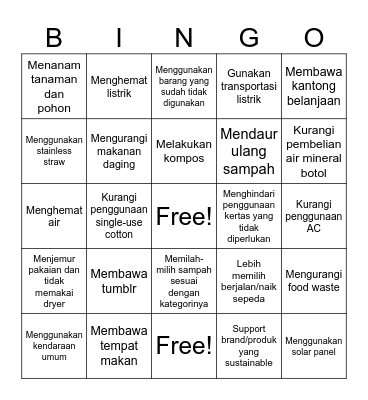 Sustainability Bingo Card