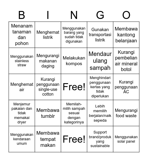 Sustainability Bingo Card