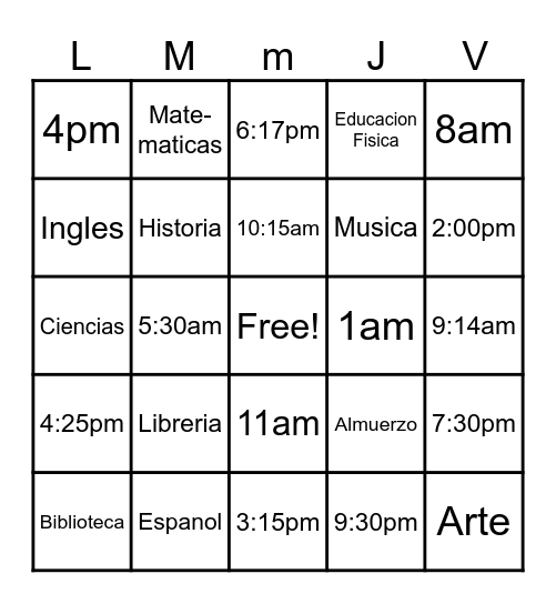 Bingo de Horario Bingo Card