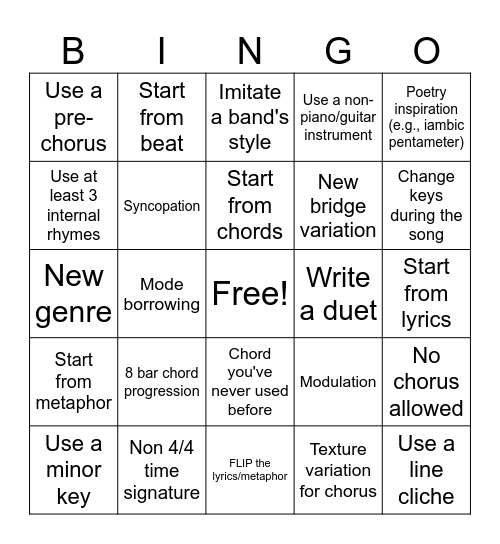 Songwriting Bingo Card