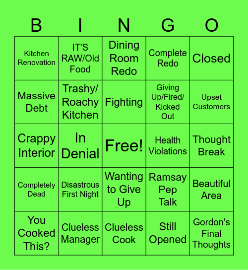 Kitchen Nightmares Bingo Card