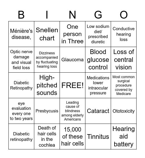 Vision and Hearing in Elderly Bingo Card