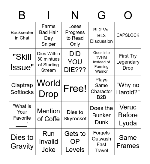 1Life Streamer Bingo Card