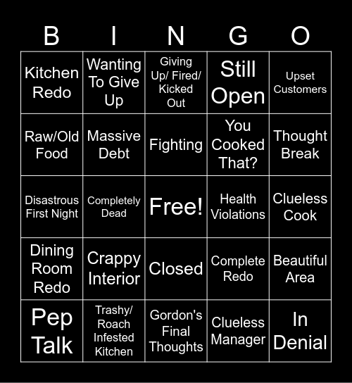 Kitchen Nightmares Bingo Card