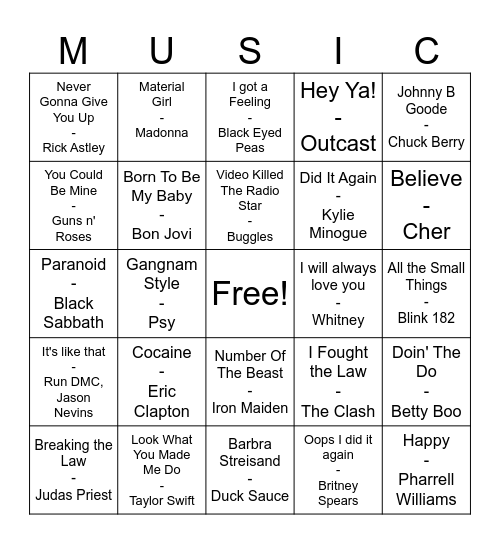 Rock Music Bingo Card