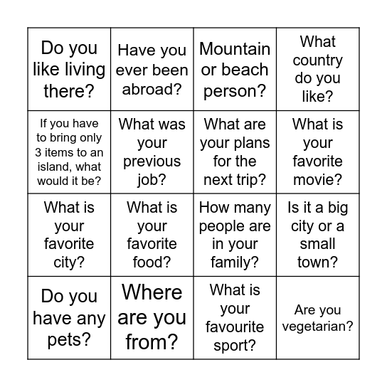 Asking English Questions Bingo Card