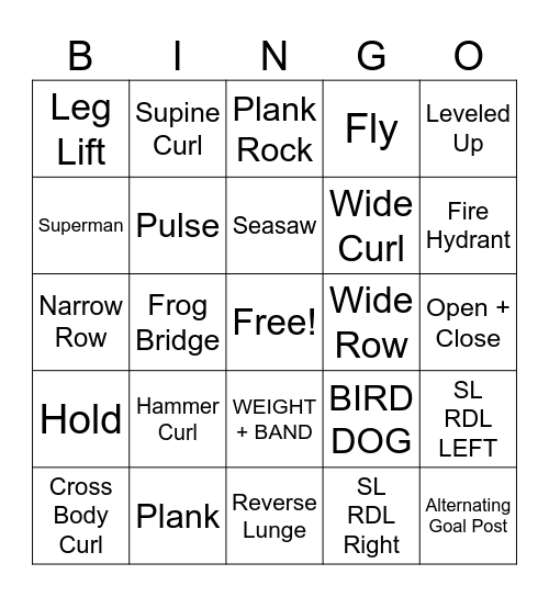 Booty + Back + Bicep Bingo Card