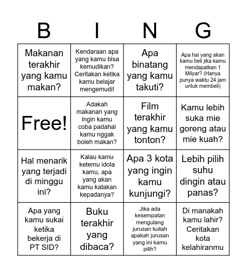 Tanya-tanya Bingo Card