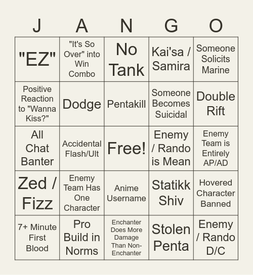 League of Jango Bingo Card