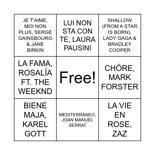 Musical Bingo Card