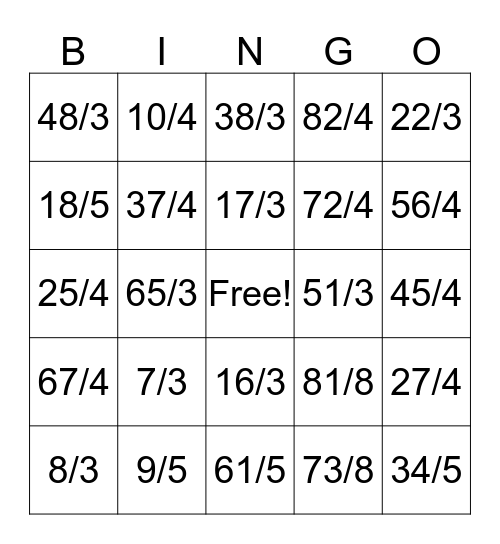 Improper Fractions to Mixed Numbers Bingo Card