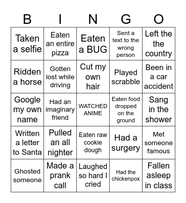 Never Have I Ever Bingo Card