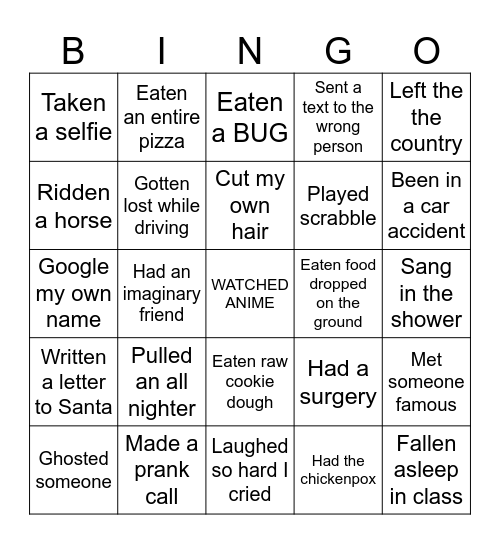 Never Have I Ever Bingo Card