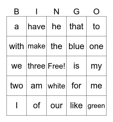 Kindergarten Sight Words Bingo Card
