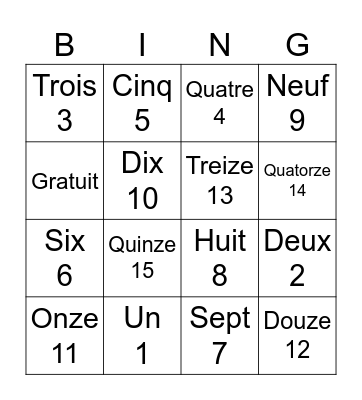 French Numbers 1-15 Bingo Card