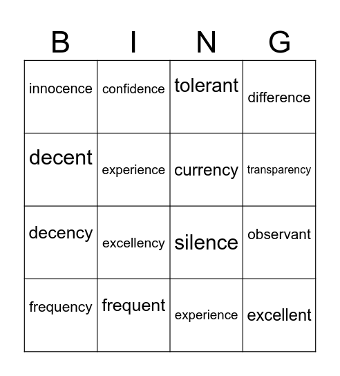 To spell words ending with –ant, -ance/ancy, -ent or ence/ency Bingo Card
